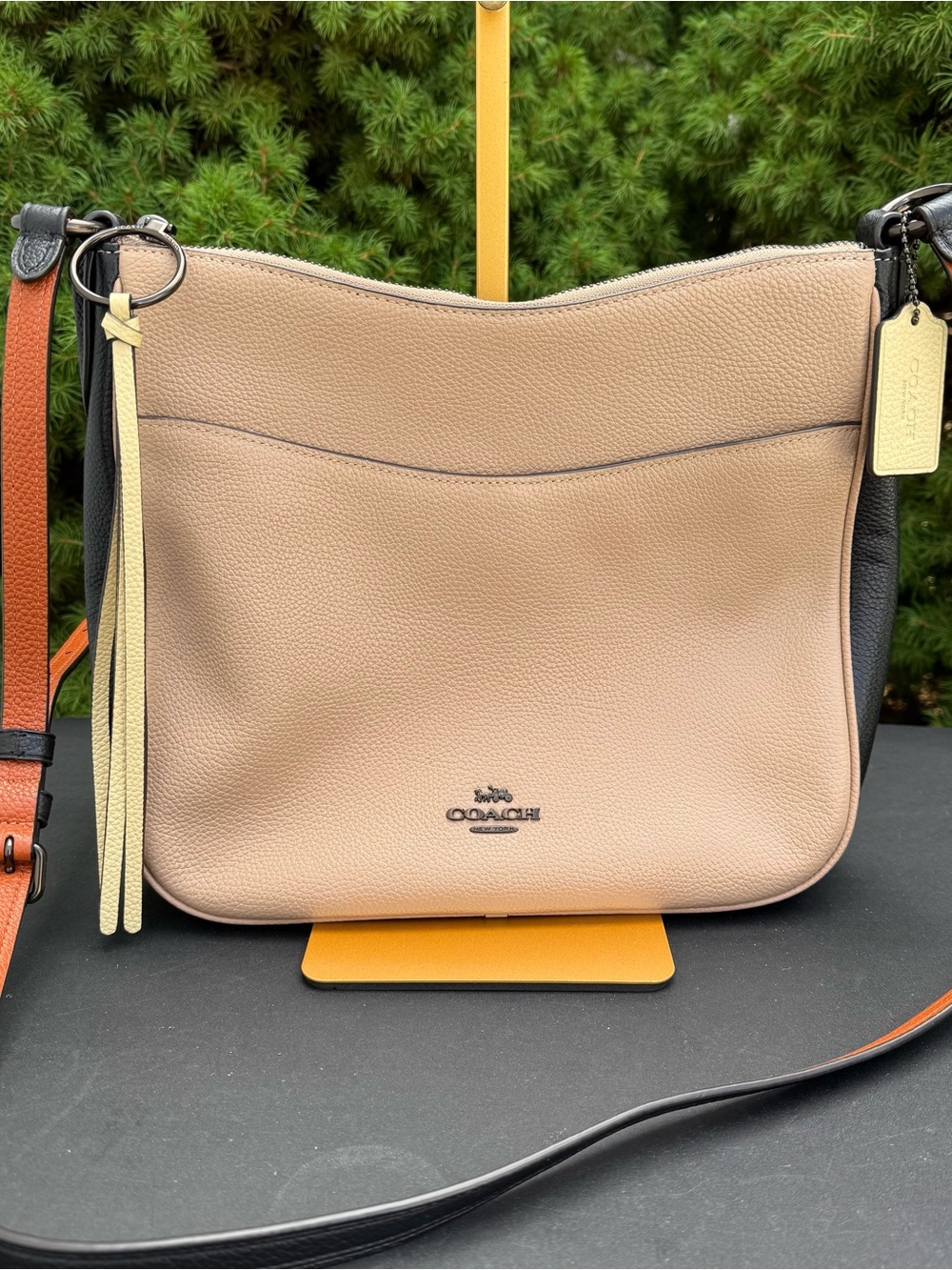 Coach Chaise Pebbled Leather Crossbody Bag in Beige and Black